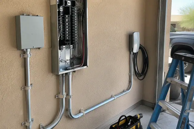 Contractor preparing for an EV charging and 200 amp service upgrade in a Phoenix, AZ garage.