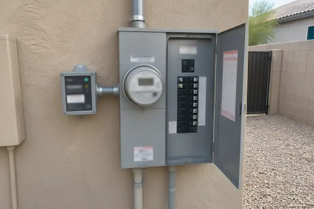 Surge-protection module connected to a utility meter-main enclosure on a stucco wall in Phoenix, AZ.