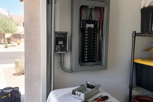 Contractor replacing an exhausted whole house surge protector in a Phoenix, AZ garage.