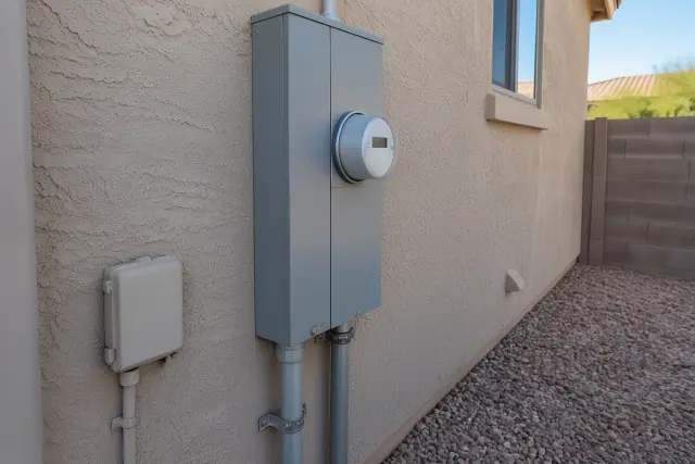 Residential electrical meter box replacement on a stucco wall in Phoenix, AZ.