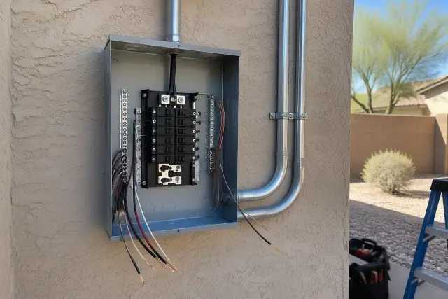 Electrician installing a residential metal subpanel with conduit and wires outdoors in Phoenix, AZ.