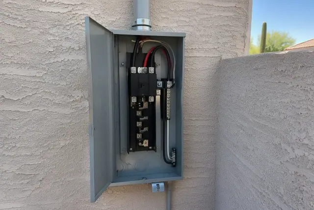 Contractor photo of a 100 amp electrical service upgrade on a residential stucco wall in Phoenix, AZ.