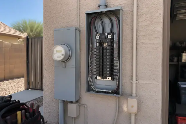 Same-amperage panel replacement on a stucco garage wall in Phoenix, AZ.