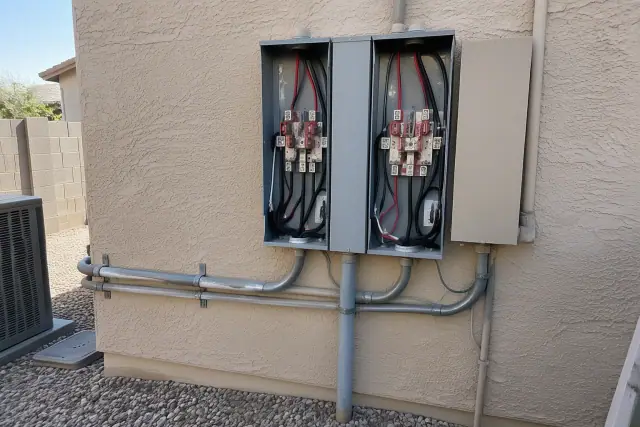 Service conductors and conduit for a 200 amp service upgrade on a stucco wall in Phoenix, AZ.
