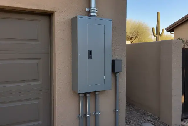 Single 400 amp main breaker panel on a stucco garage wall in Phoenix, AZ.