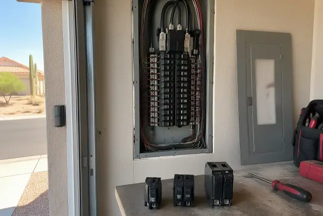 Circuit breaker replacement in a residential garage in Phoenix, AZ.