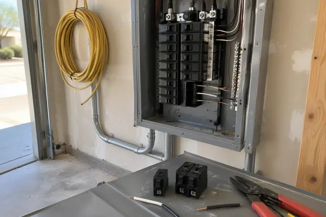 Single-pole and double-pole circuit breakers in a Phoenix, AZ residential garage with wire stripping tools.
