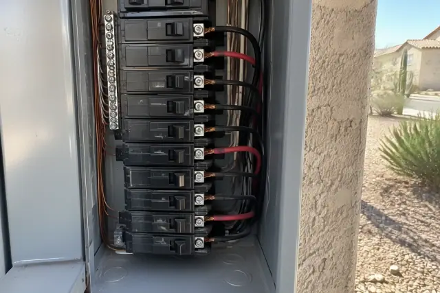 Single pole breakers inside a residential electrical panel during a repair in Phoenix, AZ.