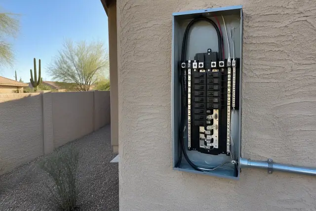 Subpanel installation on a stucco exterior wall in Phoenix, AZ.