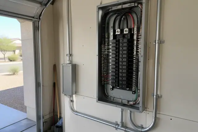 Electrical subpanel installation on a garage wall with conduit and circuit breakers in Peoria, AZ.
