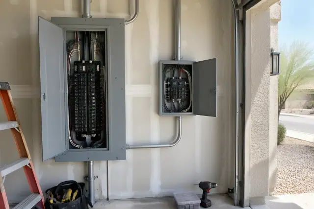 Subpanel installation on a garage wall with neat wiring in Tempe, AZ.