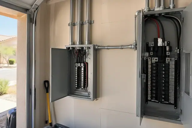 Subpanel installation with feeder wires and conduit on a residential garage wall in Phoenix, AZ.