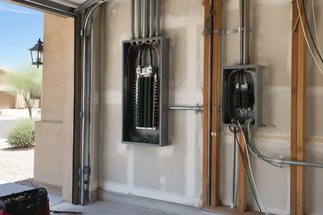 Subpanel installation with exposed wires and conduit on a residential garage wall in Gilbert, AZ.