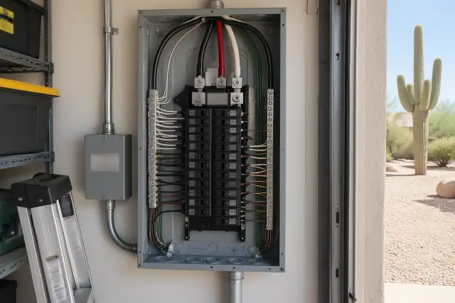 Completed electrical subpanel installation in a residential garage in Phoenix, AZ.
