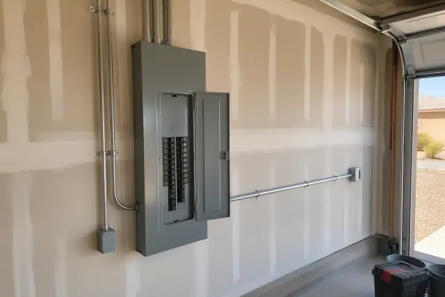 Subpanel installation with surface-run conduit on a residential garage wall in Mesa, AZ.