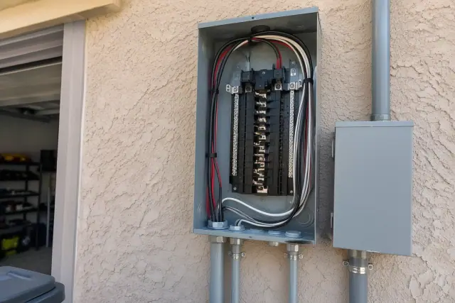 Contractor photo of a subpanel installation on a stucco garage wall in Phoenix, AZ.