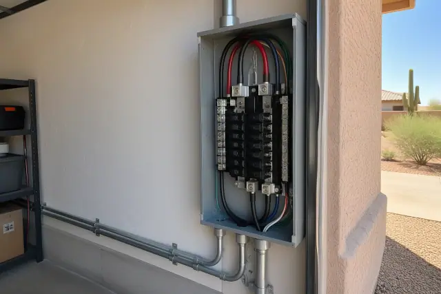 Subpanel installation for 400 amp service upgrade on a stucco wall in Phoenix, AZ.