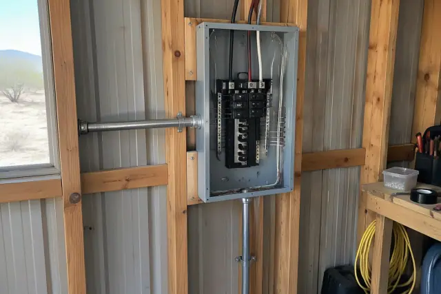 Newly installed metal electrical subpanel box on wood studs in Chandler, AZ.