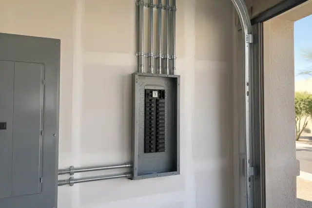 Subpanel installation with neatly secured conduits on a residential garage wall in Buckeye, AZ.