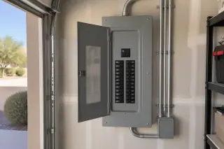 Finished subpanel and conduit running along a garage drywall partition in Phoenix, AZ.