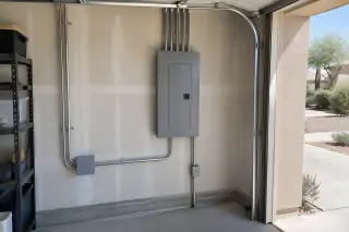 Finished subpanel installation on an interior garage drywall partition in Phoenix, AZ.