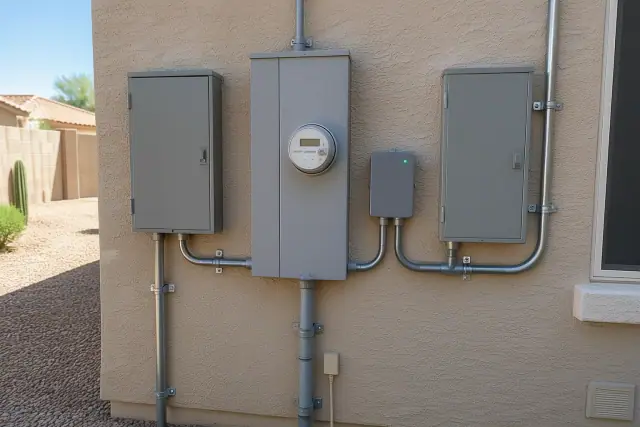 Subpanels and whole house surge protection installed on an exterior stucco wall in Phoenix, AZ.
