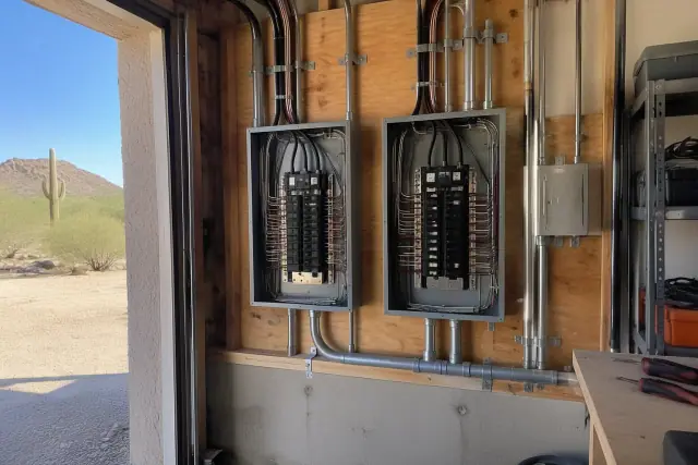 Subpanels for new appliance loads and conduit in a Phoenix, AZ workshop.