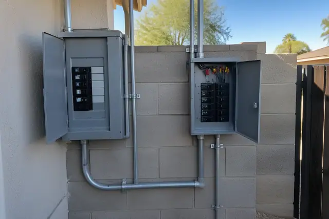 Newly installed electrical subpanel on a cinder block wall in Phoenix, AZ.