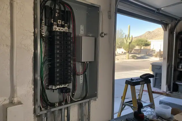 Technician wiring a whole house surge protector during a panel upgrade in Phoenix, AZ.