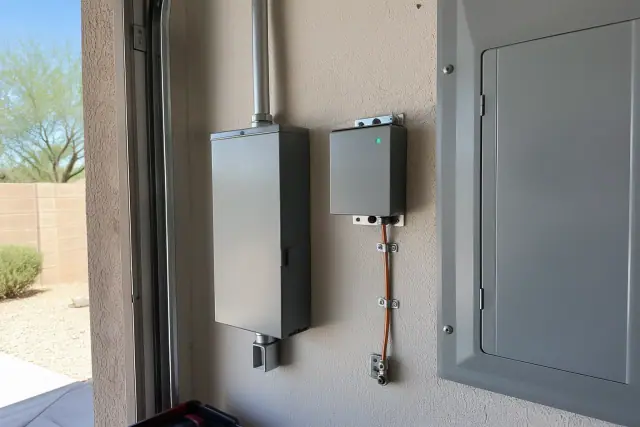 Whole house surge protector maintenance and replacement on a stucco garage wall in Phoenix, AZ.