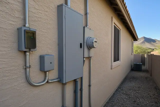 Whole house surge protector installation on a stucco home exterior in Phoenix, AZ.