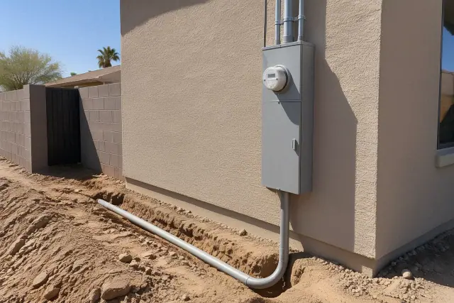 Underground conduit route to a 400-amp meter on an exterior masonry wall in Phoenix, AZ.