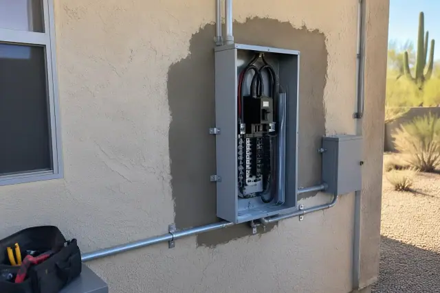 Technician photo of a stucco exterior wall with a surface-mounted conduit and wall patch in Phoenix, AZ.