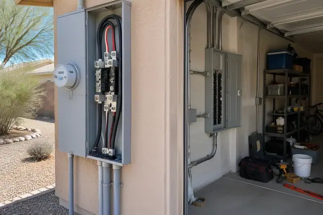 Contractor progress photo of a 200 amp service upgrade and electrical box conversion on a stucco wall in Phoenix, AZ.