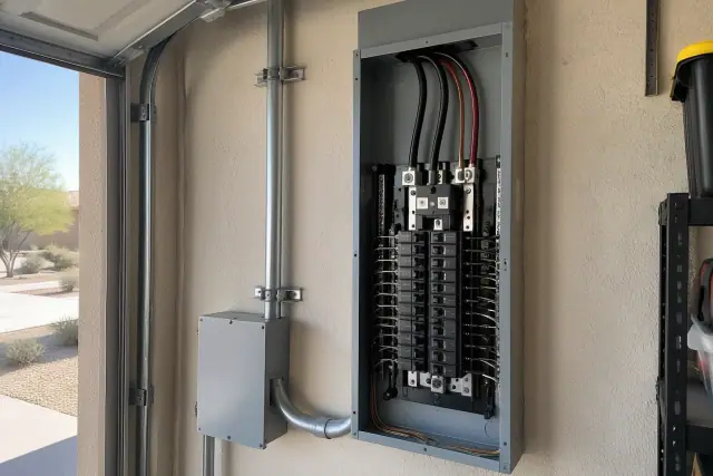 Breaker enclosure upgrade and heavy cable in a Phoenix, AZ garage.