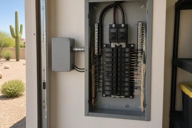 Whole house surge protection installed in a residential garage in Phoenix, AZ.
