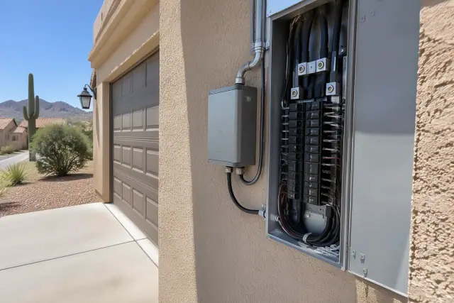 Whole house surge protector wired into a main electrical panel on a stucco exterior in Phoenix, AZ.