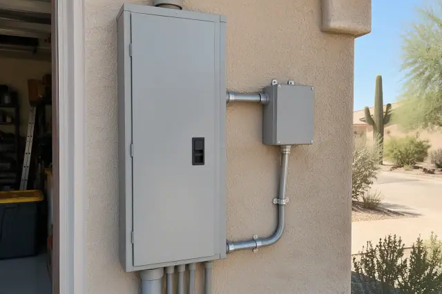 Whole house surge protection installed beside a Zinsco panel on a stucco home in Phoenix, AZ.