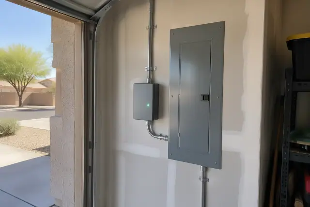 Whole house surge protector installed next to a breaker panel in a garage in Chandler, AZ.
