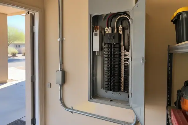 Whole house surge protector hardwired into an electrical panel in a garage in Gilbert, AZ.