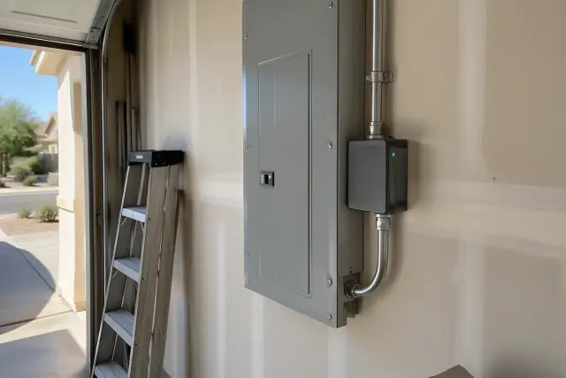 Whole house surge protector installed on an electrical panel in a garage in Buckeye, AZ.
