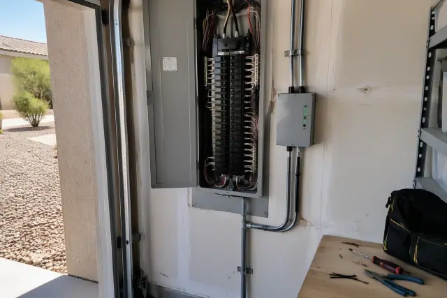 Whole house surge protector installed on a garage breaker panel in Avondale, AZ.