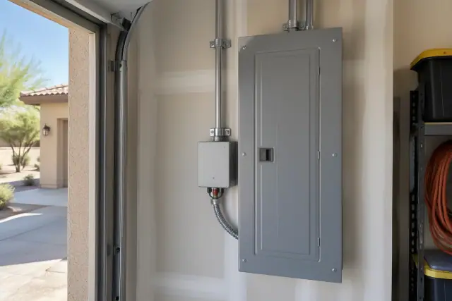 Whole house surge protector installed next to a breaker panel in a Tempe, AZ garage.