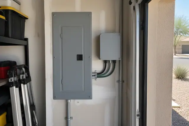 Whole house surge protector installed next to an electrical panel in a garage in Surprise, AZ.
