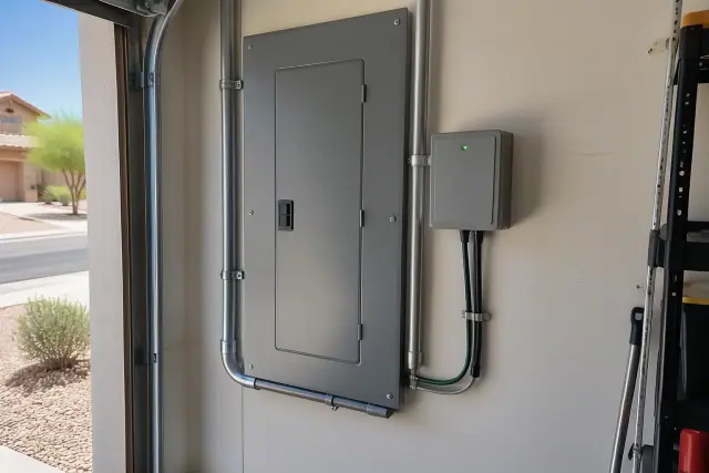 Whole house surge protector wired next to an electrical panel in a Peoria, AZ garage.