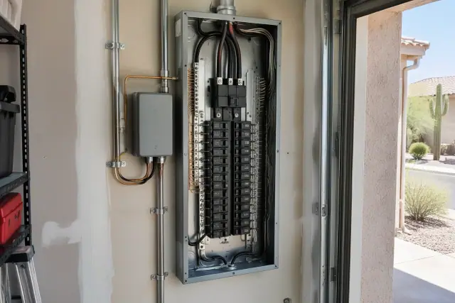 Whole house surge protector wired into an electrical panel in a Glendale, AZ garage.