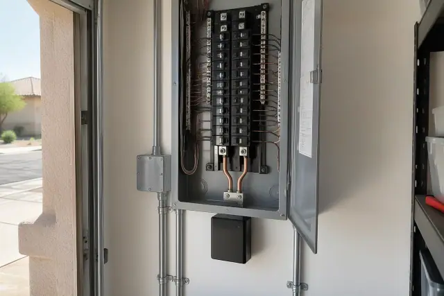 Whole house surge protector installed on an electrical panel in a Mesa, AZ garage.