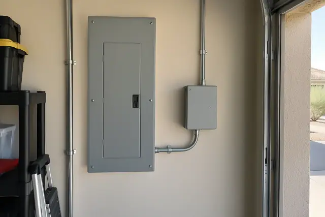 Surge protector installed beside a main electrical panel in a Phoenix, AZ garage.