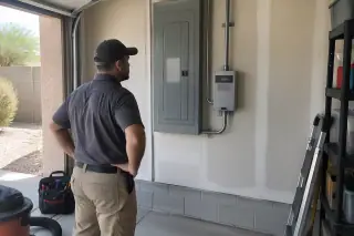Technician inspecting a breaker enclosure and conduit on a garage wall in Phoenix, AZ.