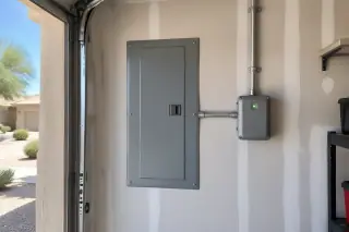 Whole house surge protector and conduit on a garage wall in Phoenix, AZ.